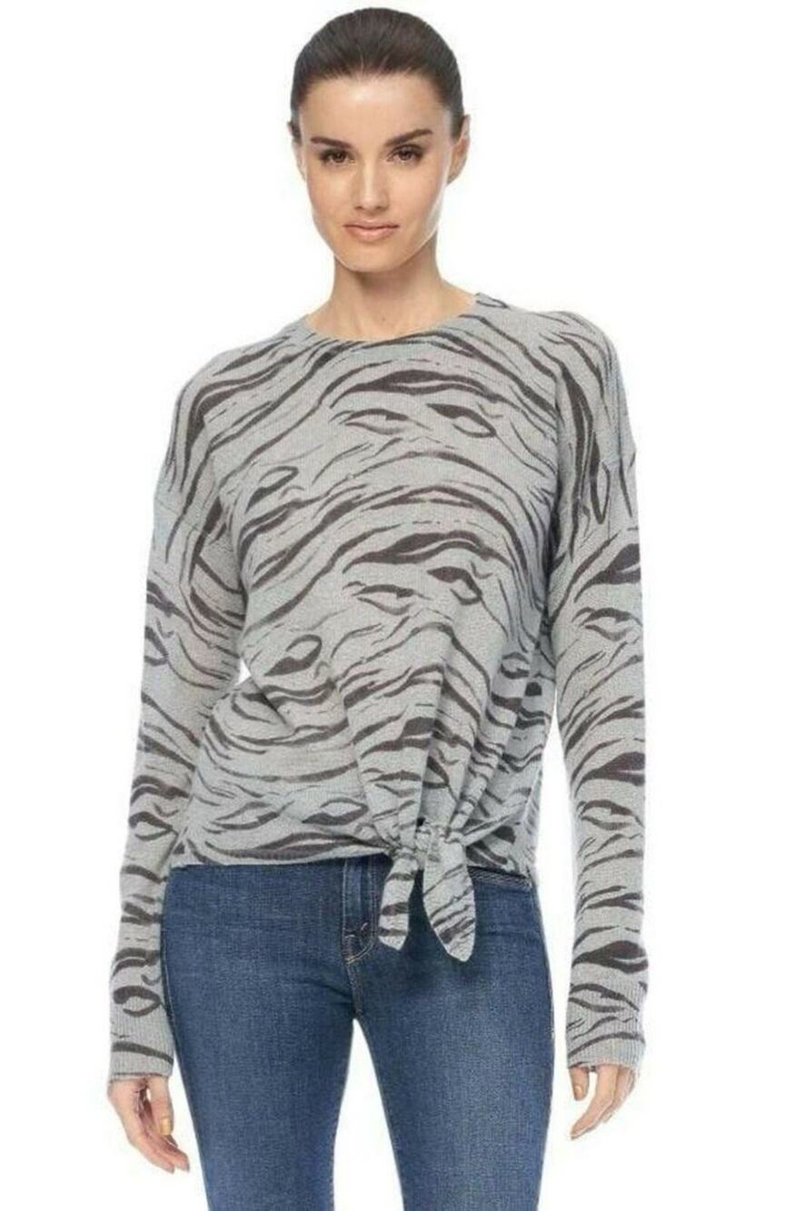 360 Cashmere Sweater Women Medium Tie Front Zebra Print Black Gray